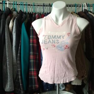 Vintage Y2K Tommy Jeans Pink Tropical Hawaiian Baby Tee Sleeveless